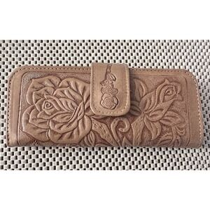VTG Hand Tooled Wallet Genuine Leather Boho Brown Beige Clutch Card Organizer